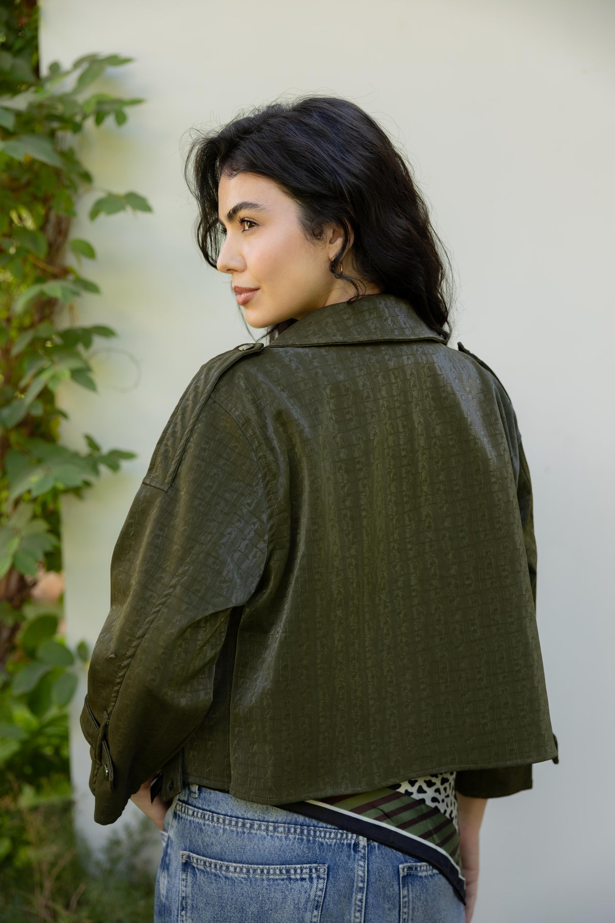 Rhea Croc Cropped Olive Jacket