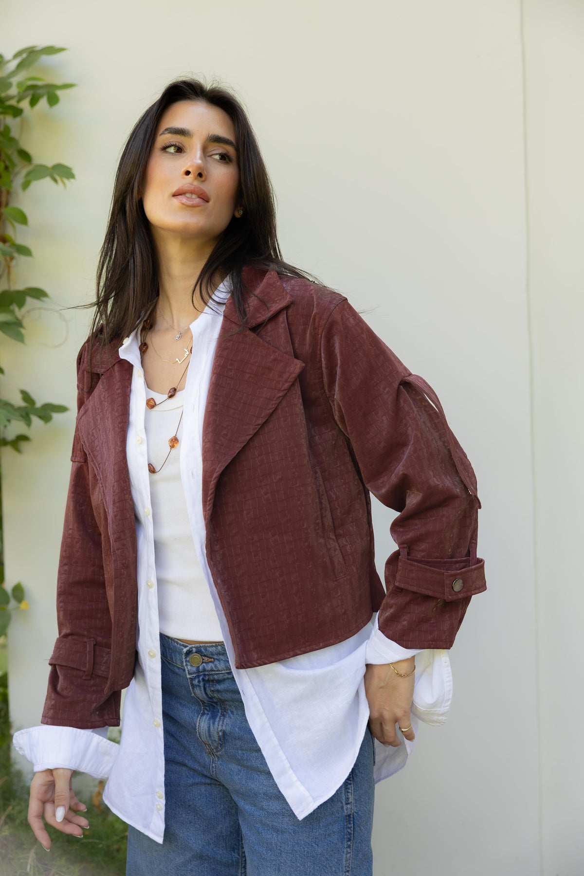 Rhea Croc Cropped Burgundy Jacket