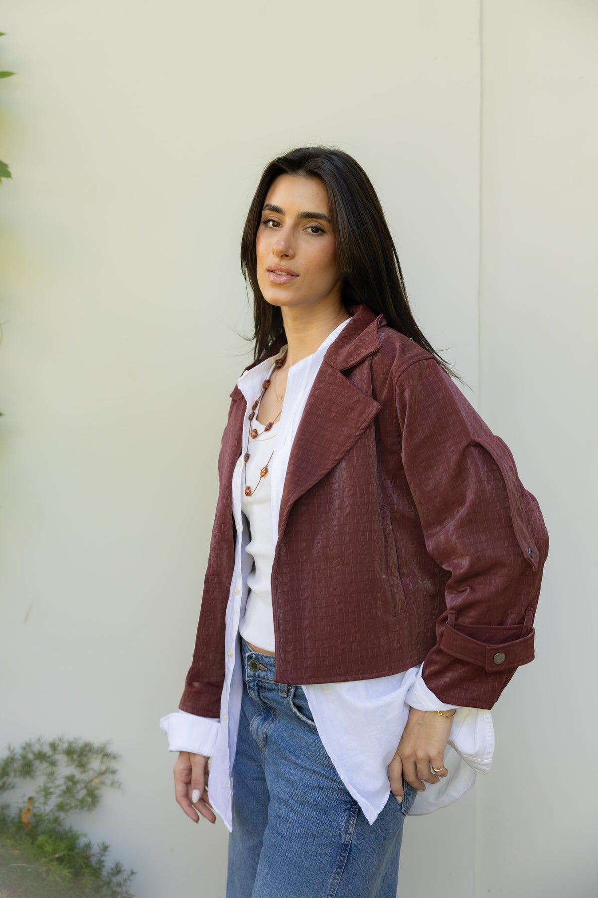 Rhea Croc Cropped Burgundy Jacket