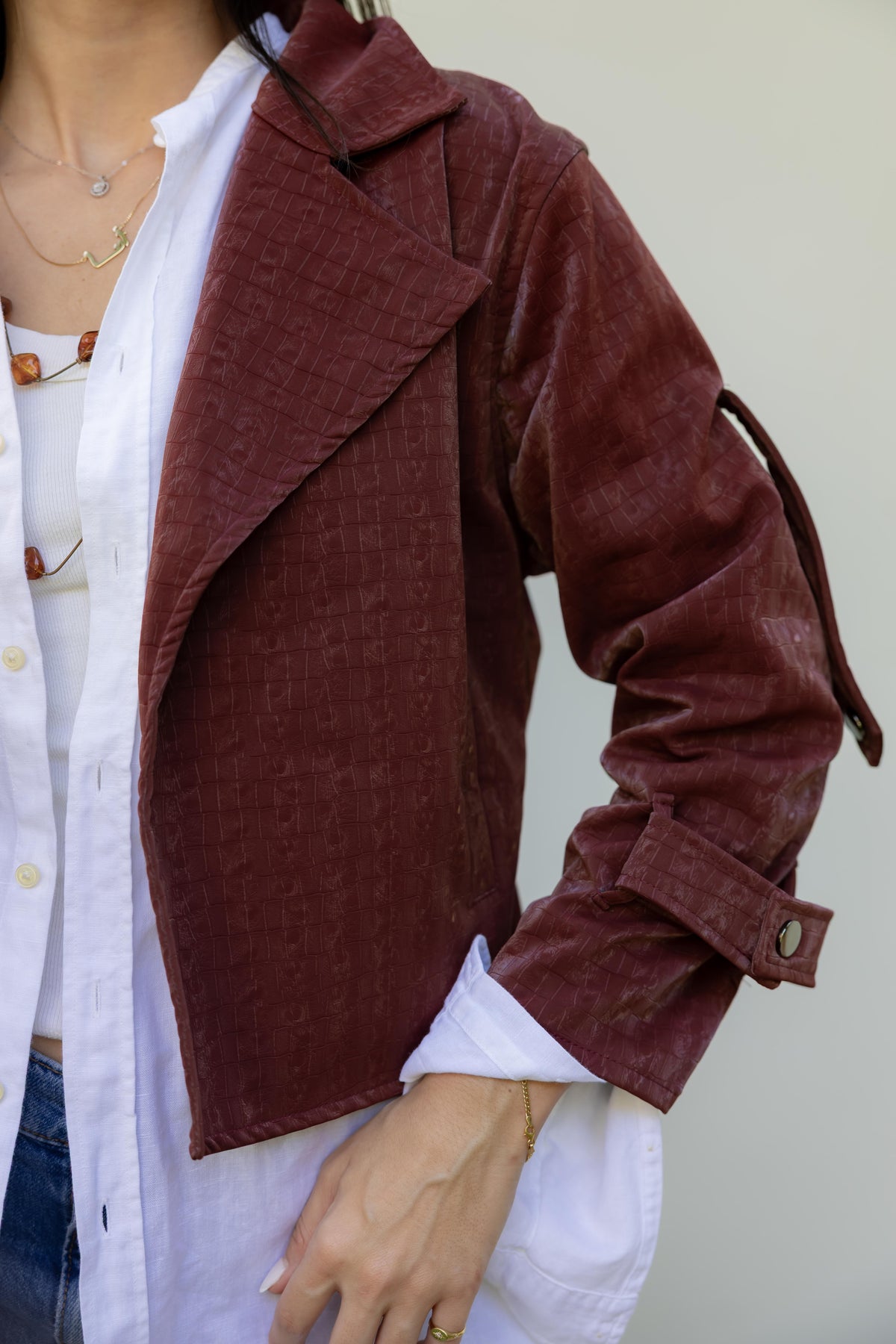 Rhea Croc Cropped Burgundy Jacket