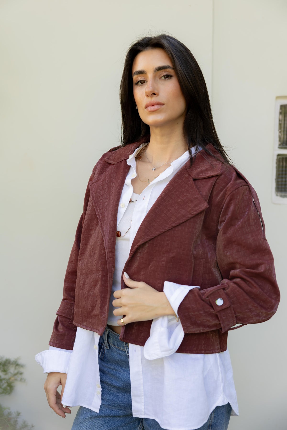 Rhea Croc Cropped Burgundy Jacket