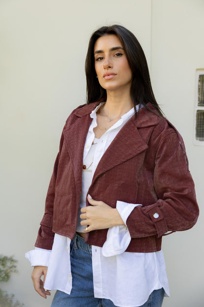 Rhea Croc Cropped Burgundy Jacket