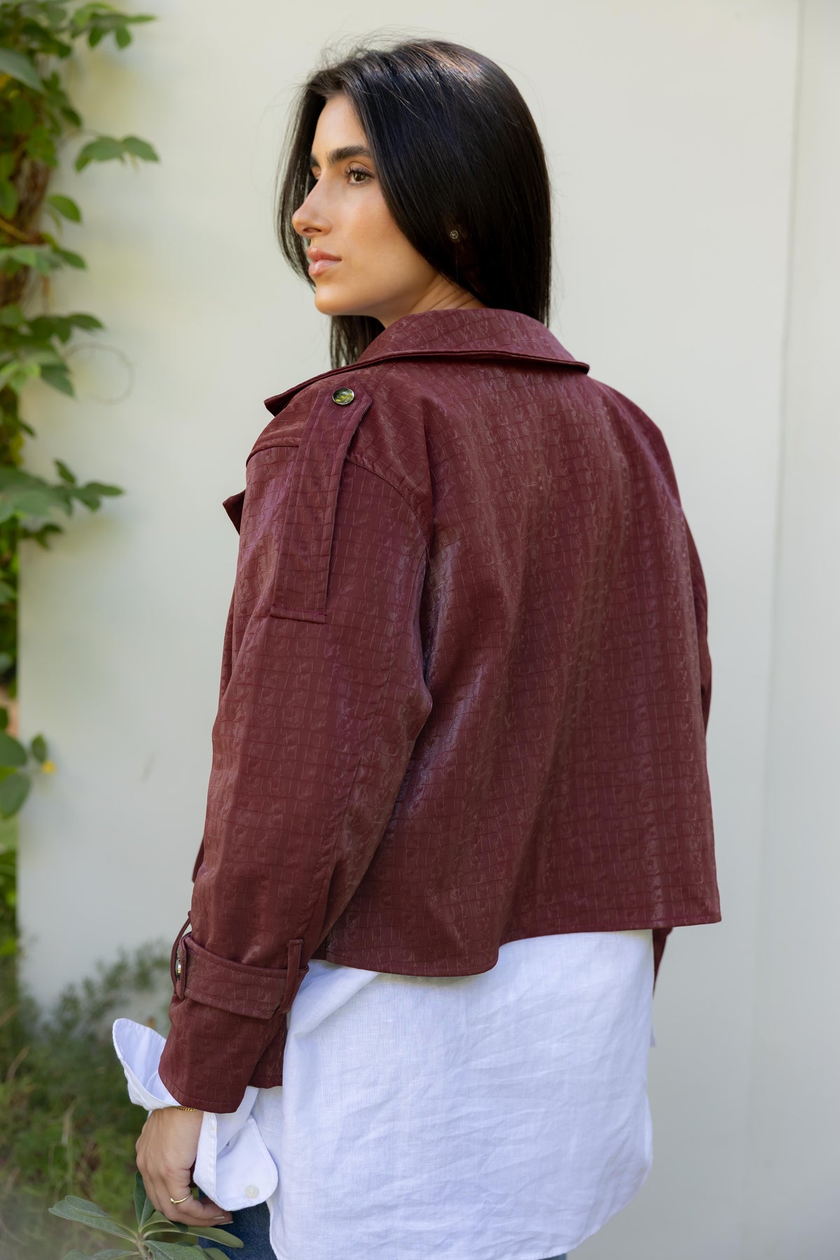 Rhea Croc Cropped Burgundy Jacket