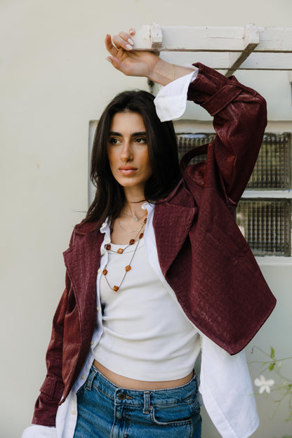 Rhea Croc Cropped Burgundy Jacket