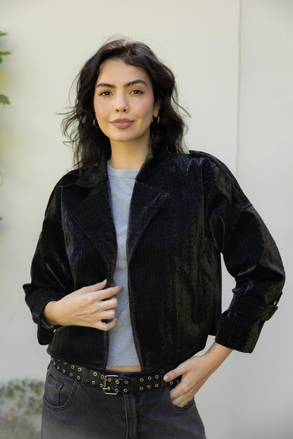 Rhea Croc Cropped Black Jacket