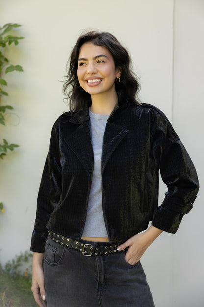 Rhea Croc Cropped Black Jacket