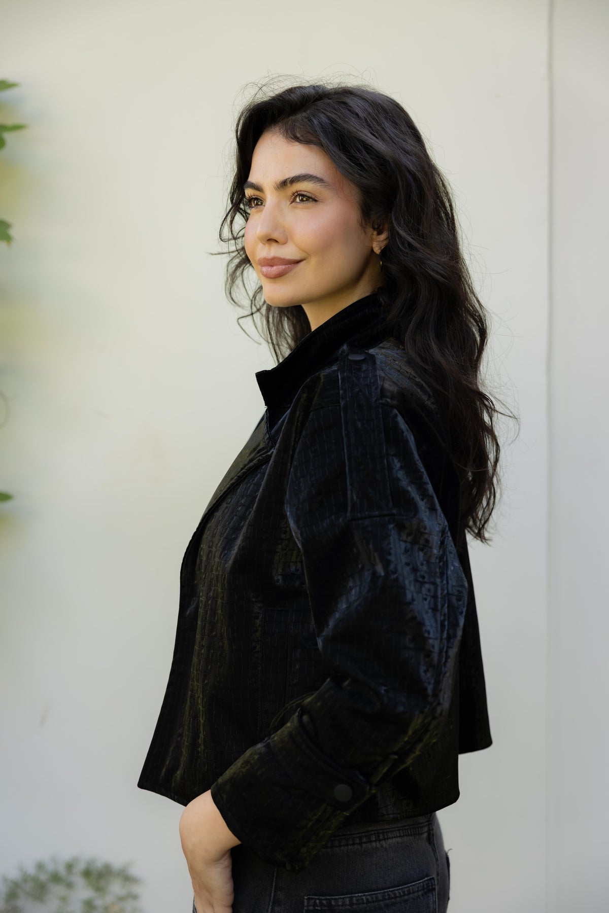 Rhea Croc Cropped Black Jacket