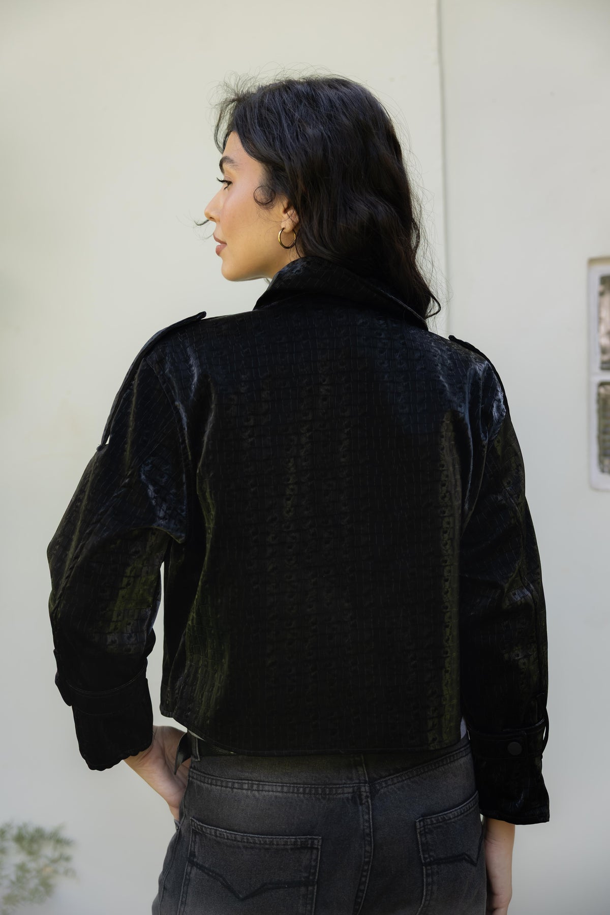 Rhea Croc Cropped Black Jacket