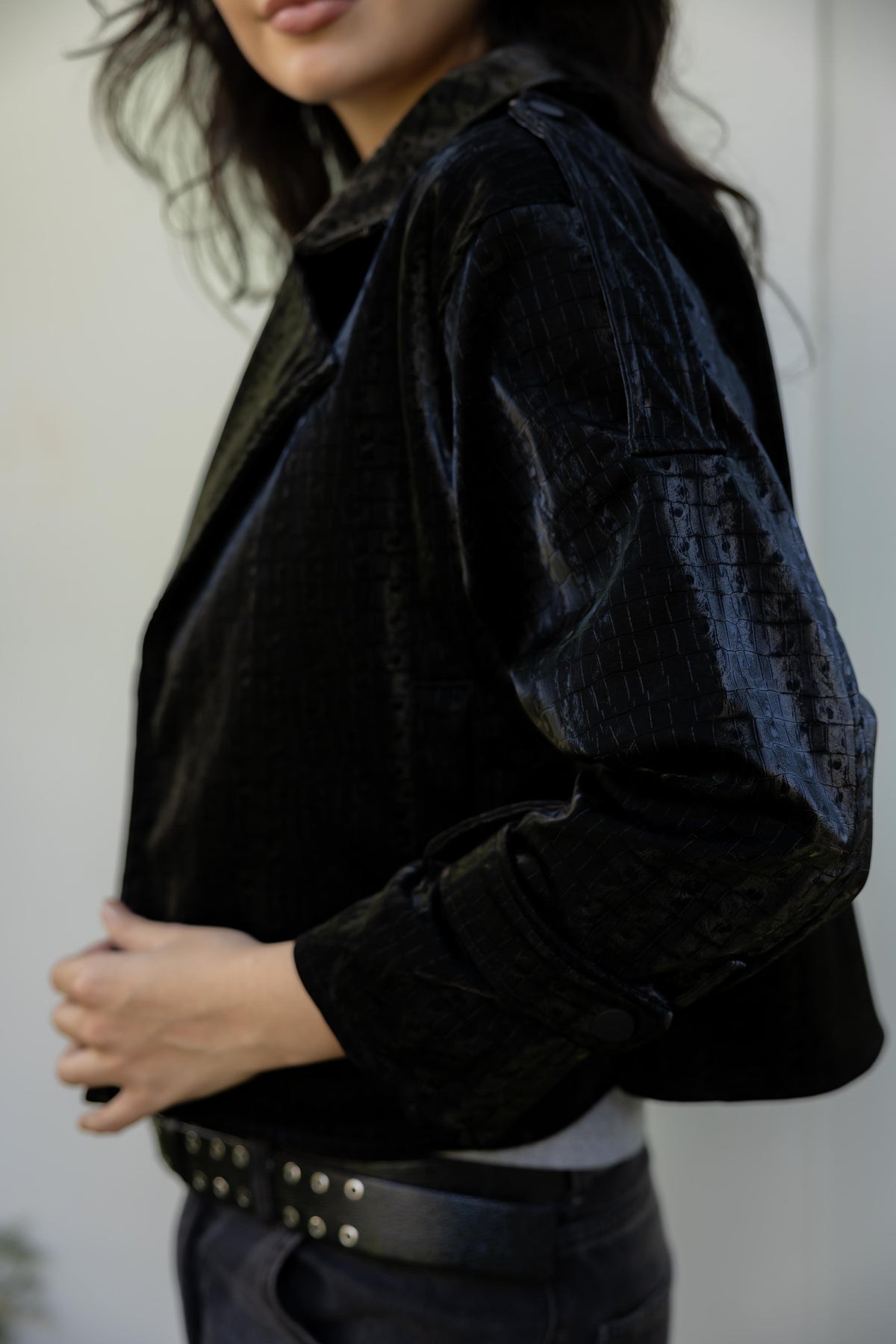 Rhea Croc Cropped Black Jacket