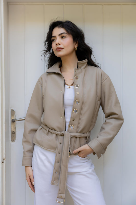 Lennox Eyelets Beige Leather Jacket