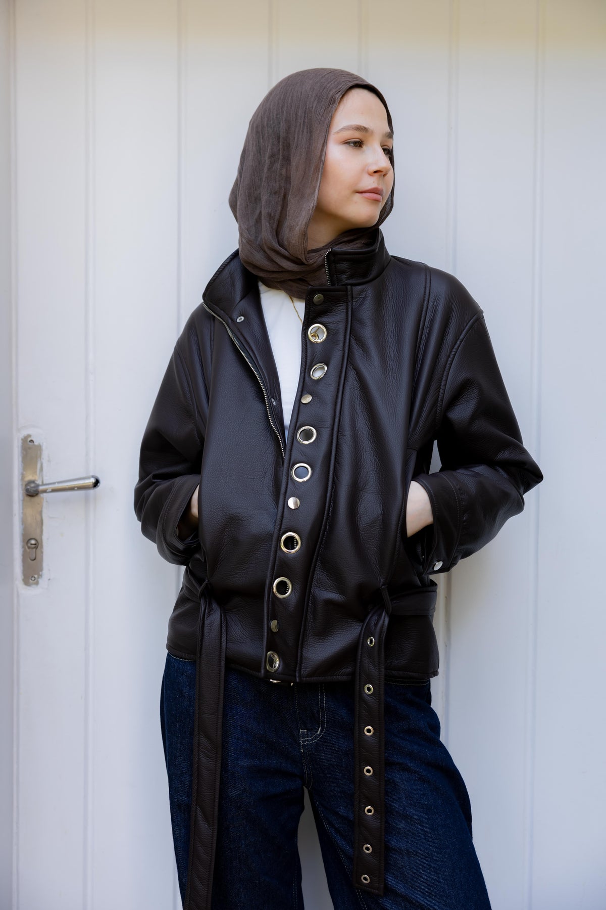 Lennox Eyelets Brown Leather Jacket