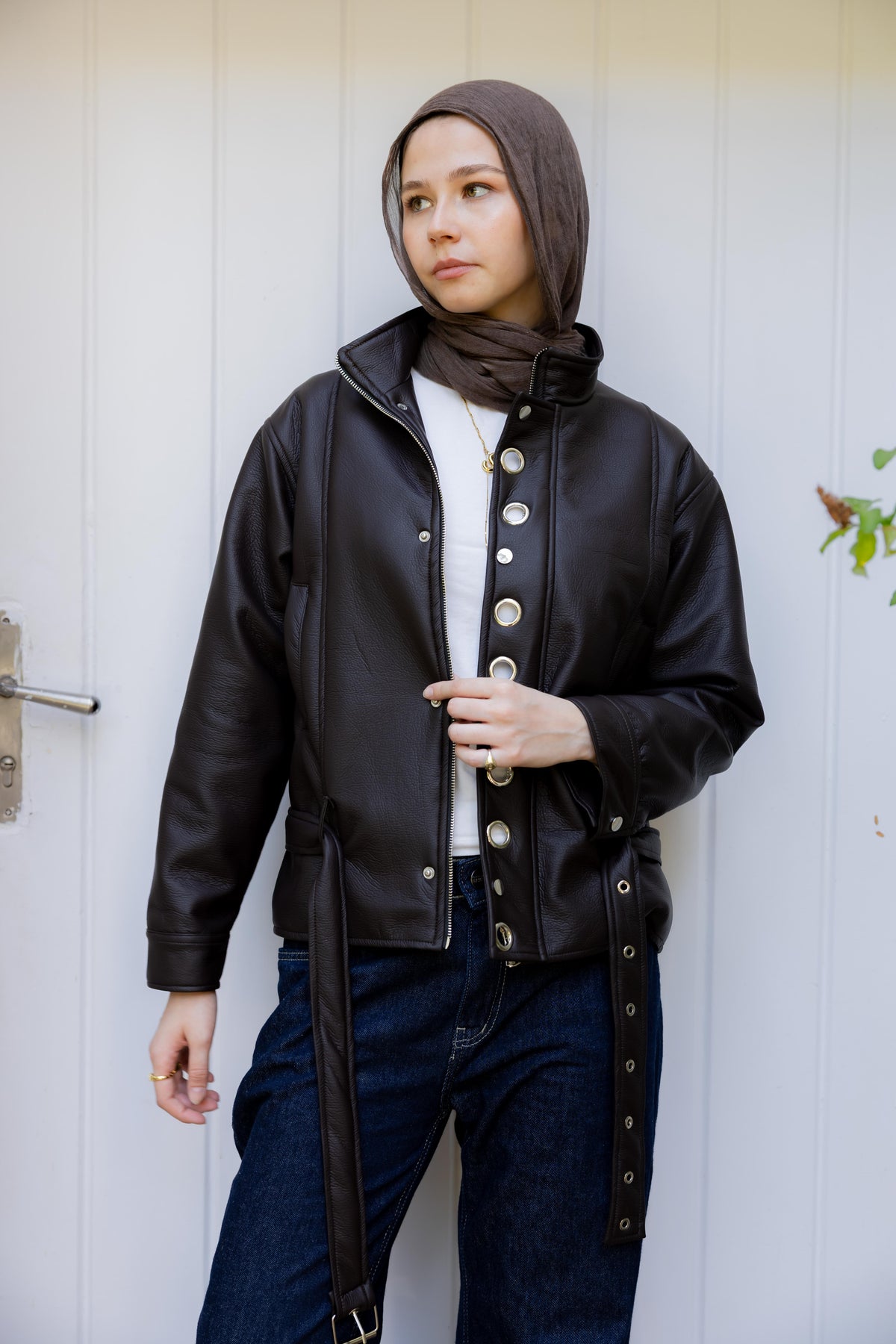 Lennox Eyelets Brown Leather Jacket