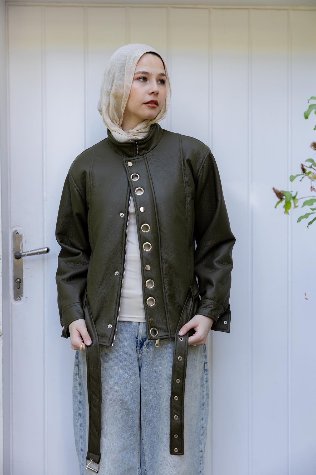 Lennox Eyelets Olive Leather Jacket