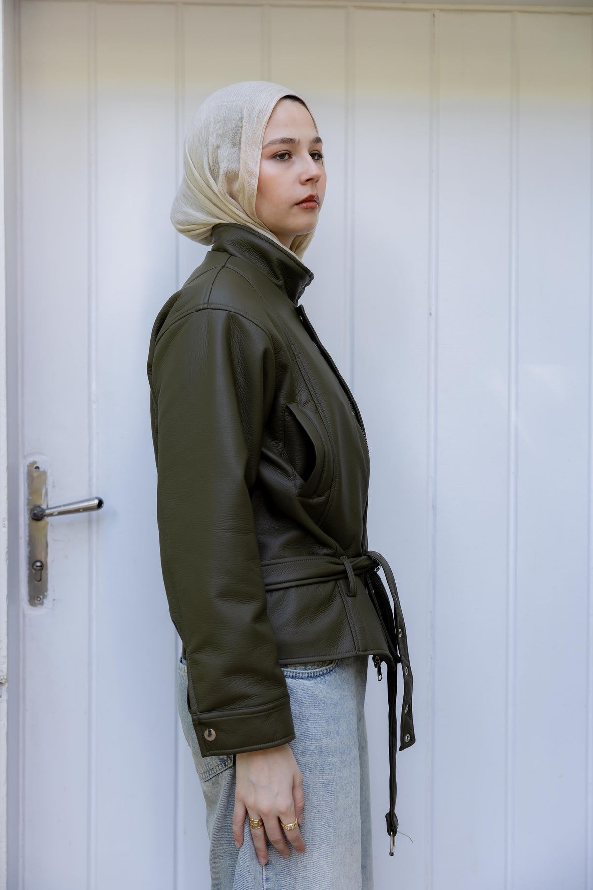 Lennox Eyelets Olive Leather Jacket