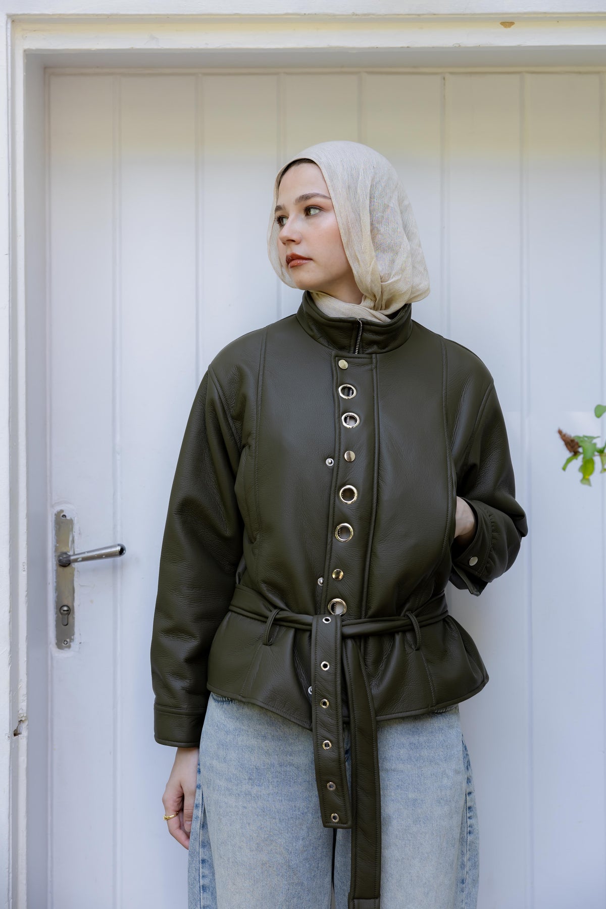 Lennox Eyelets Olive Leather Jacket