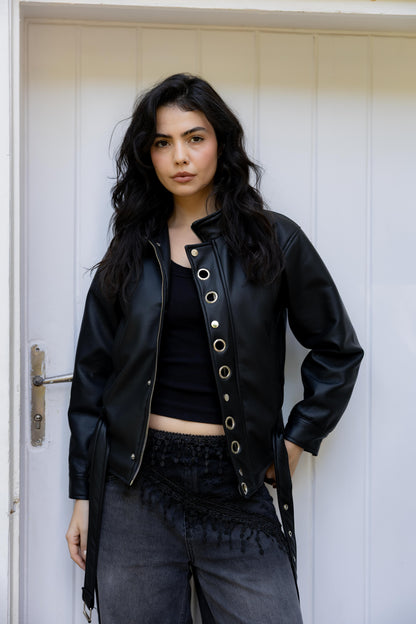 Lennox Eyelets Black Leather Jacket