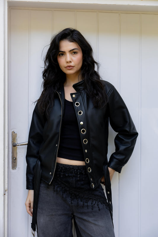 Lennox Eyelets Black Leather Jacket