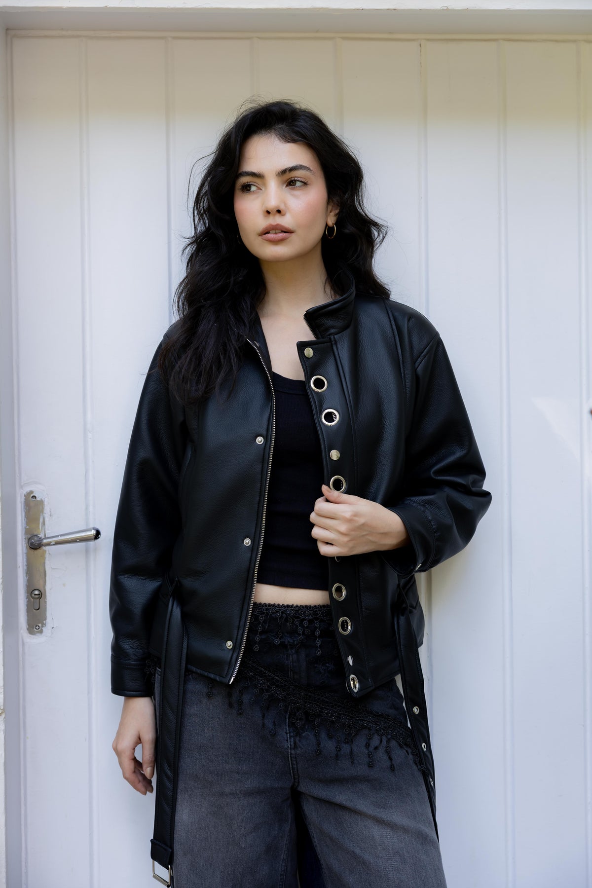 Lennox Eyelets Black Leather Jacket