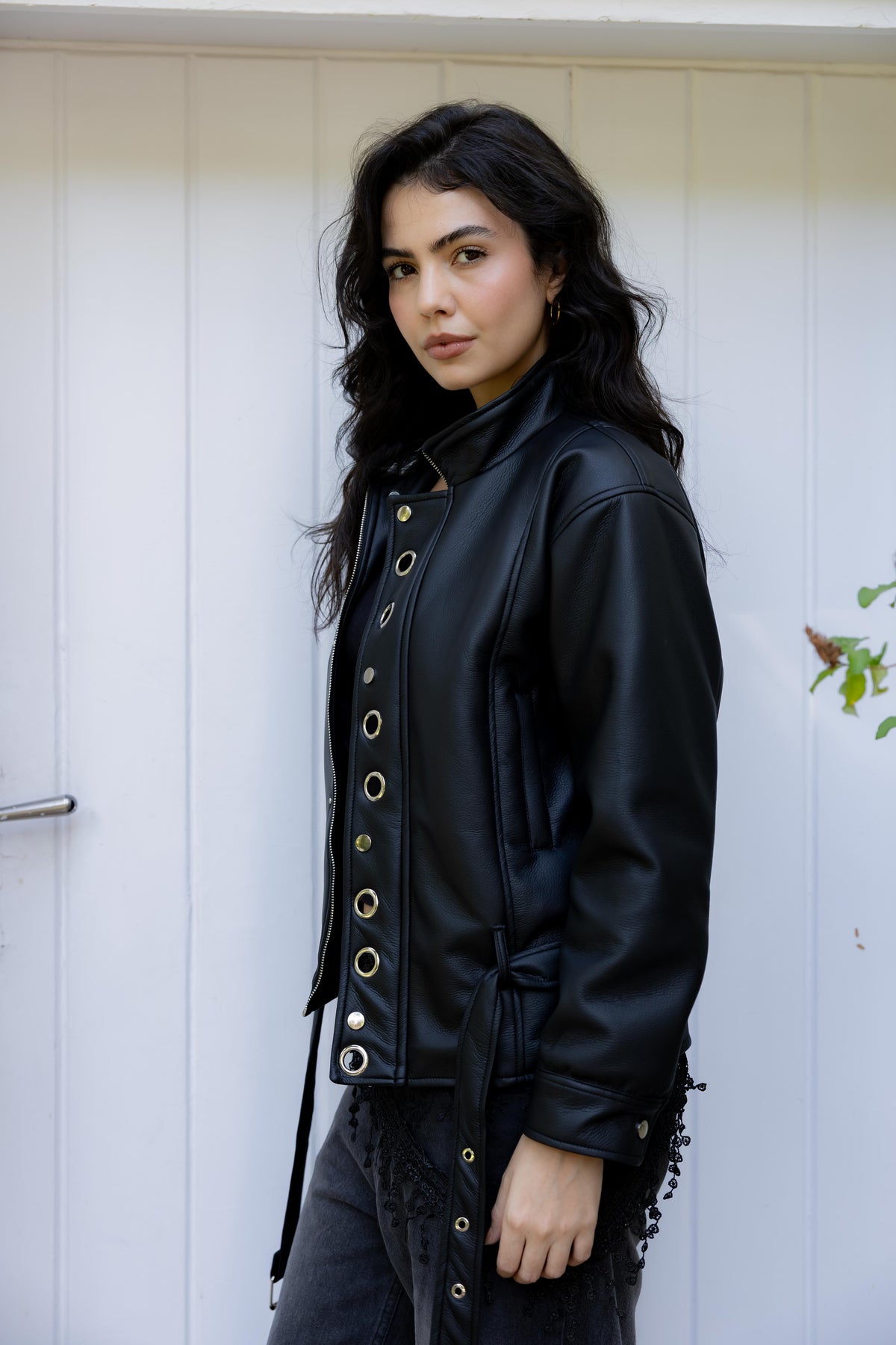 Lennox Eyelets Black Leather Jacket