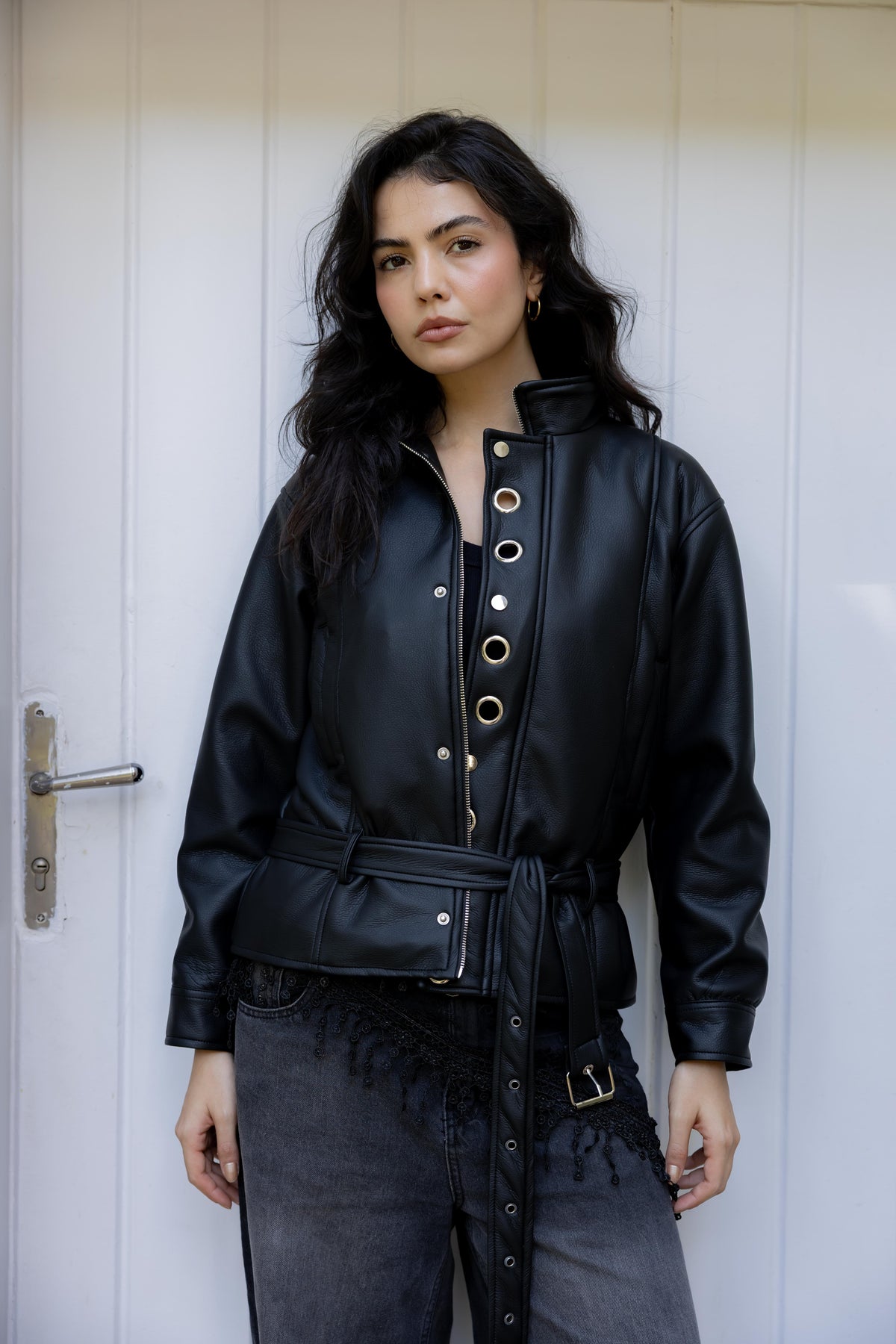 Lennox Eyelets Black Leather Jacket