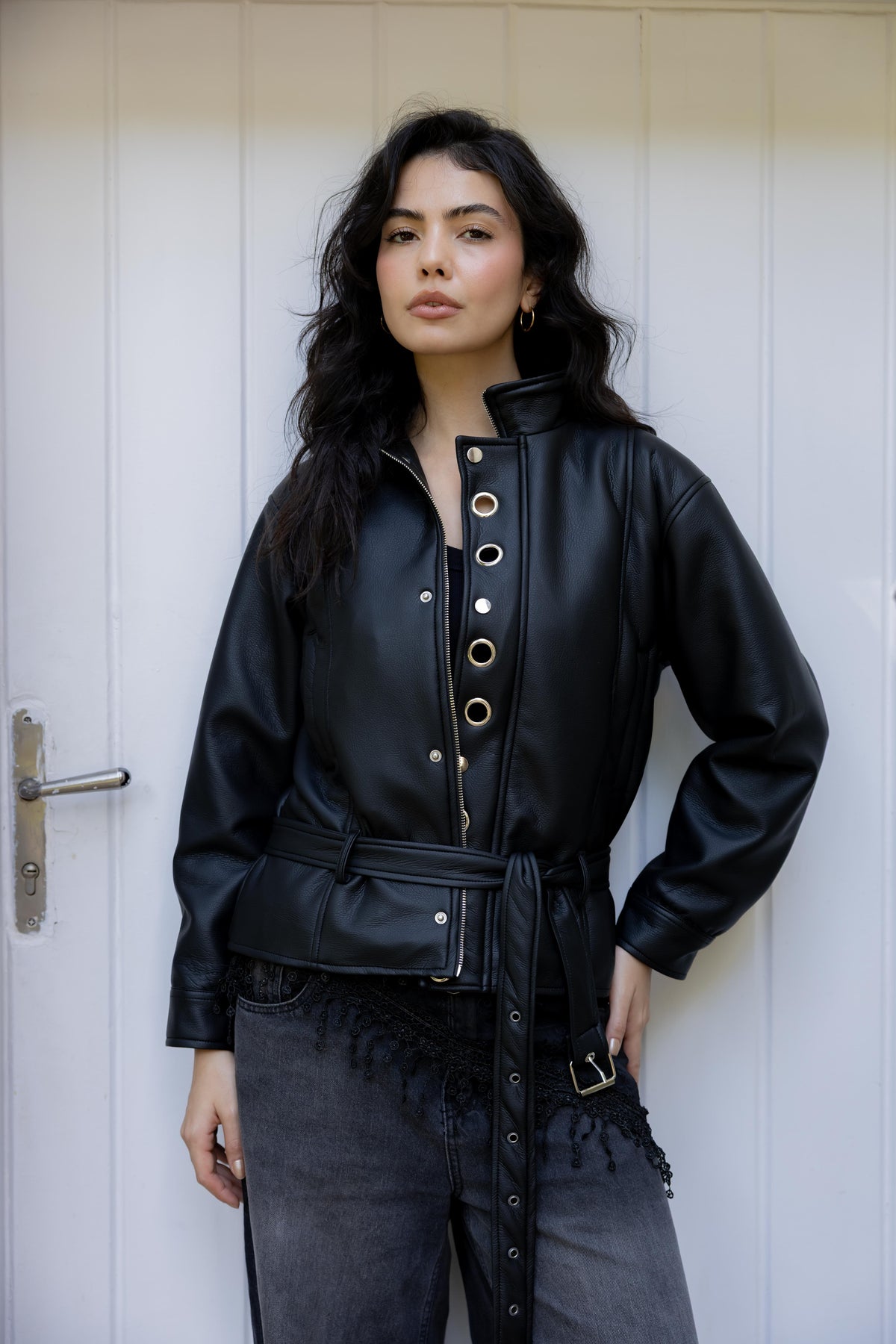 Lennox Eyelets Black Leather Jacket