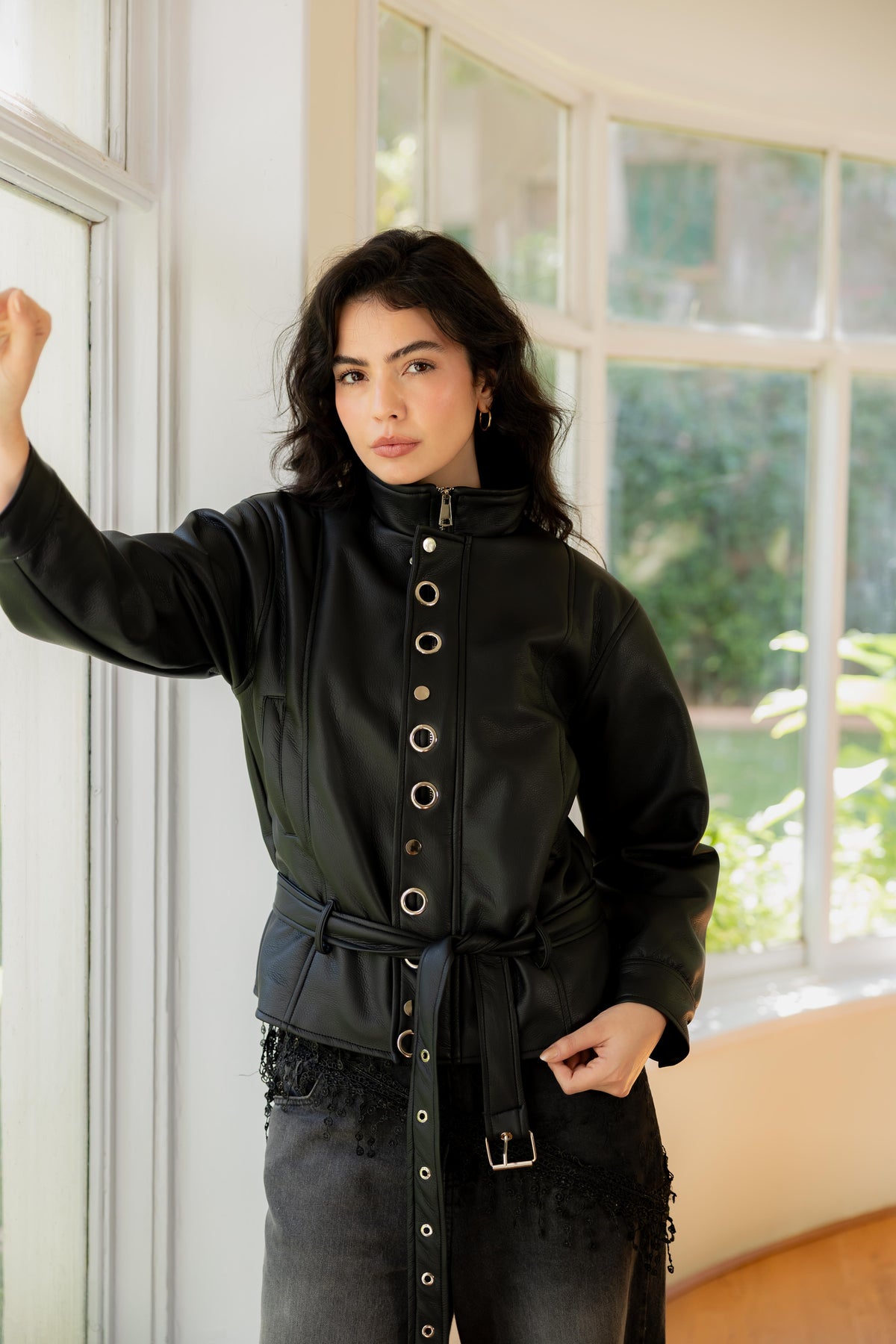 Lennox Eyelets Black Leather Jacket