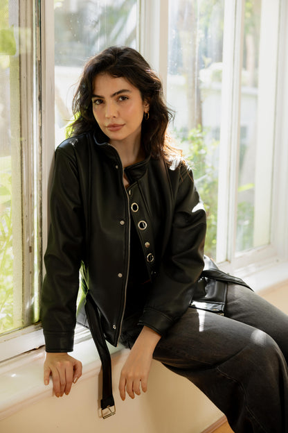 Lennox Eyelets Black Leather Jacket